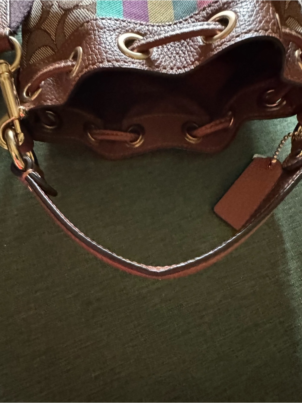 Coach Dempsey Signature Stripe Bucket Bag in Brown with Multicolor Stripe - Picture 12 of 15